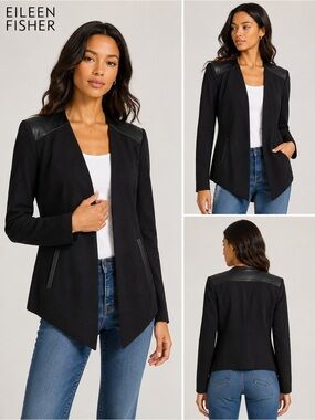 Eileen Fisher Black Blazer 100% Leather Trim Open Front High Low Jacket